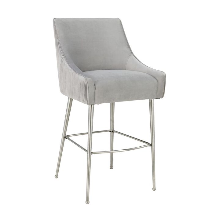 TOV Furniture Beatrix Pleated Light Grey Velvet Bar Stool