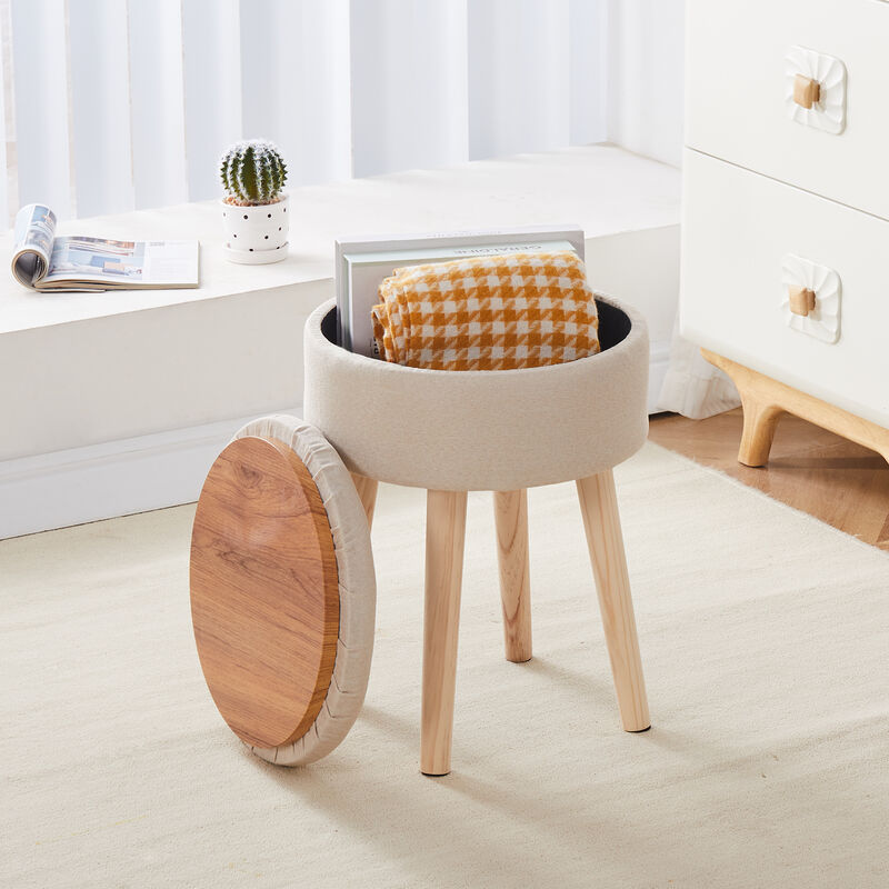 Storage Ottoman Linen Round Vanity Stool with Wood Legs – Multifunctional Foot Rest