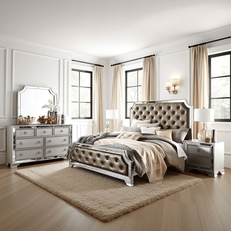 Badra Four Pc Queen Bedroom Set, Crystal Tufted Gray Faux Leather, Silver Mirror Trim - Benzara
