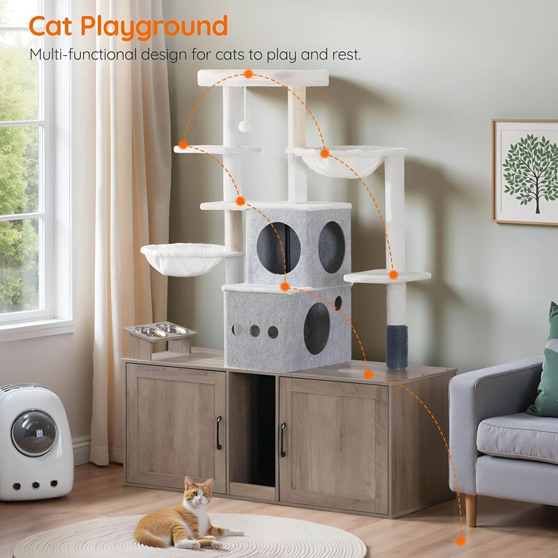 Multi-Level Cat Tree with Dual Litter Box Storage and Play Platforms-Greige image number 7