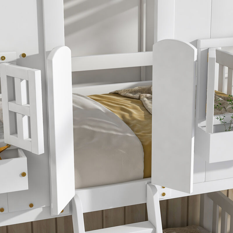 Twin over Twin House Bunk Bed with Roof , Window, Window  Box, Door , with Safety Guardrails and Ladder