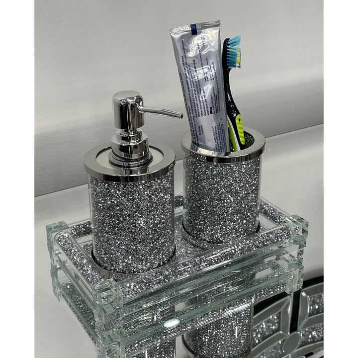 Ambrose Exquisite 3 Piece Soap Dispenser and Toothbrush Holder with Tray in Silver