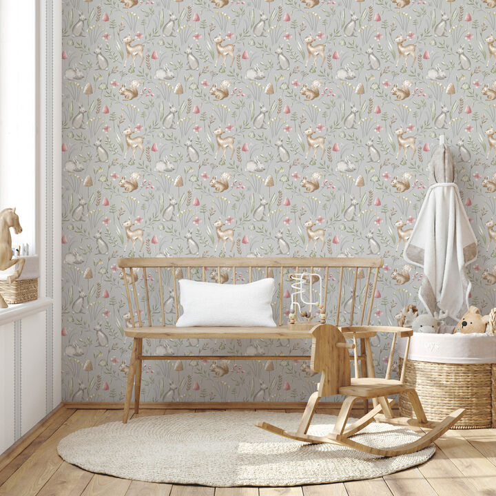 Forest Animals Grey Whimsical Wallpaper