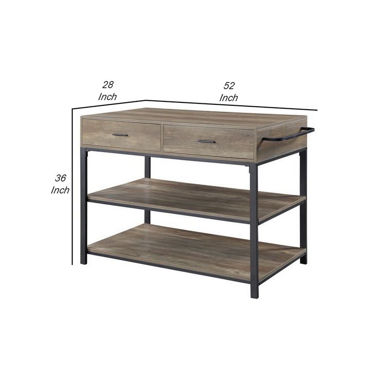3 Tier Kitchen Island with 2 Drawers and Metal Frame, Brown and Black-Benzara