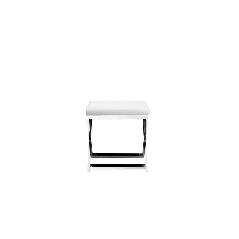 Sovi 20 Inch Accent Stool Ottoman, X Steel Legs, White Faux Leather - Benzara