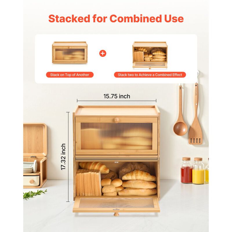 Large Wooden Bread Box for Kitchen Counter, Bread Storage Bin with Acrylic Wavy Door-Natural image number 6