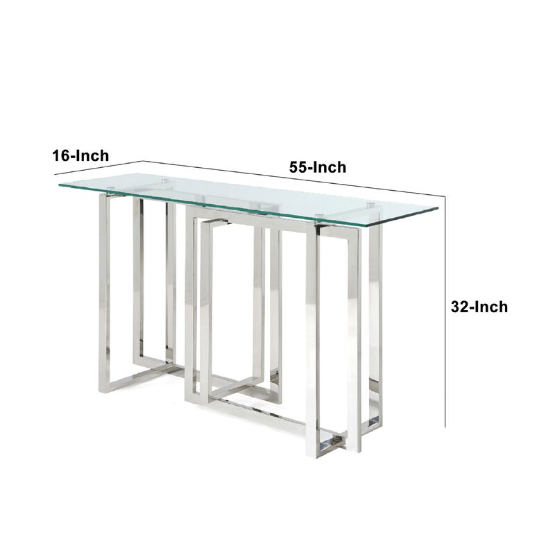 Cid 55 Inch Modern Sideboard Console Table, Glass Top, Steel Base, Chrome-Benzara image number 4
