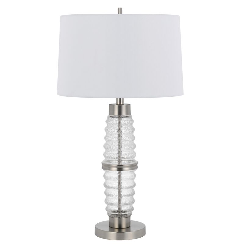 Maci 29 Inch Table Lamp, Accent Crackled Clear Glass, White Drum Shade - Benzara