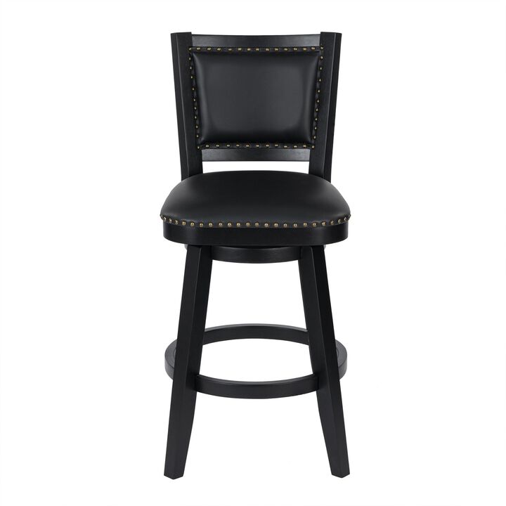 Kera Swivel Barstool Chair, Black Wood, Faux Leather, Nailhead Trim - Benzara