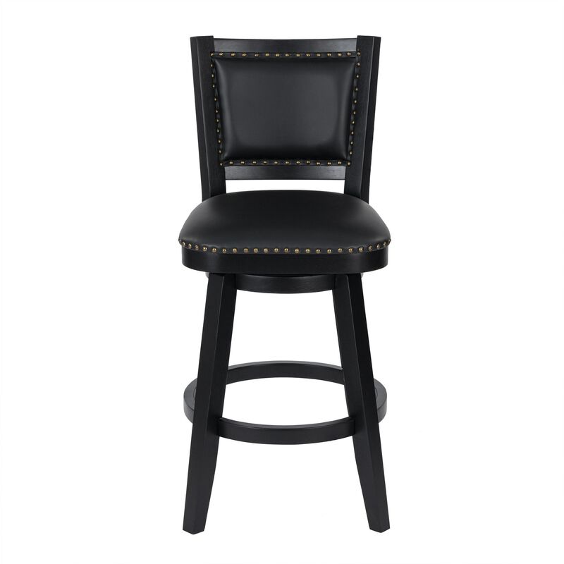 Kera Swivel Barstool Chair, Black Wood, Faux Leather, Nailhead Trim - Benzara