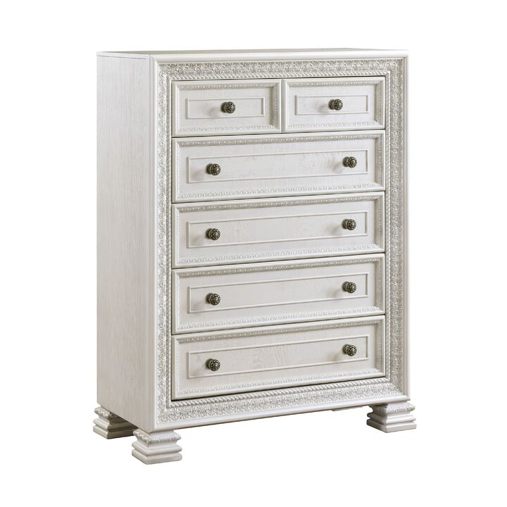 Rotu Tall Dresser Chest, 5 Drawers Rope Molding, White Ash Veneer - Benzara