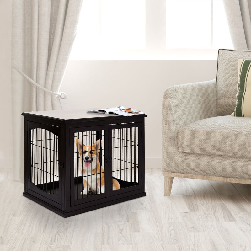 Coffee-Colored Pet Furniture: Wooden Dog Crate End Table, Two Openings