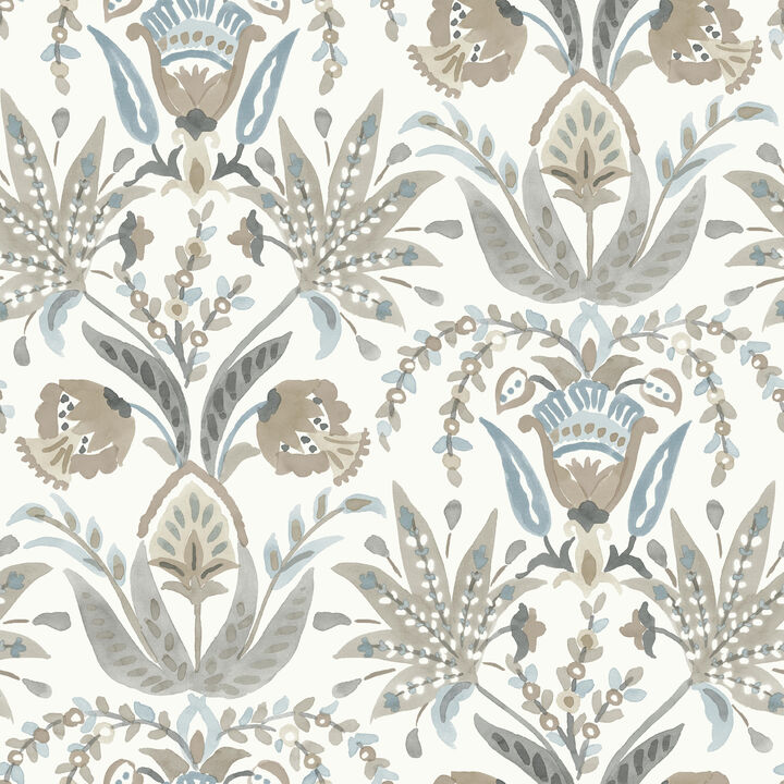 Seaside Jacobean Taupe & Blue Wallpaper