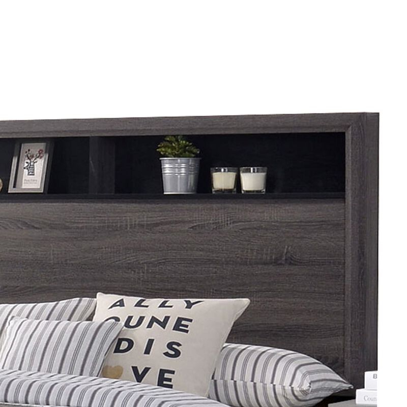 Transitional Wooden Queen Size Platform Bed with Bookcase Headboard, Gray