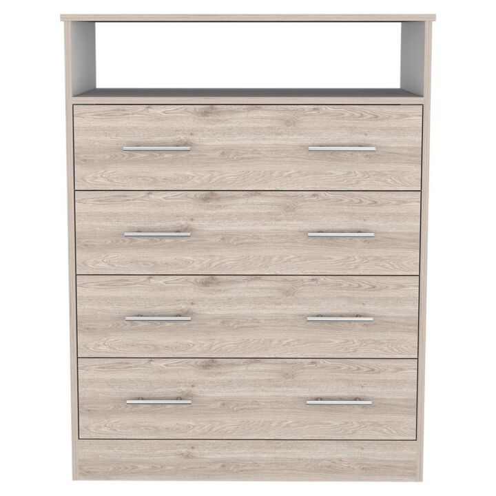 DEPOT E-SHOP Serbian Four Drawer Dresser, Countertop, One Open Shelf, Four Drawers-Light Grey-White, For Bedroom