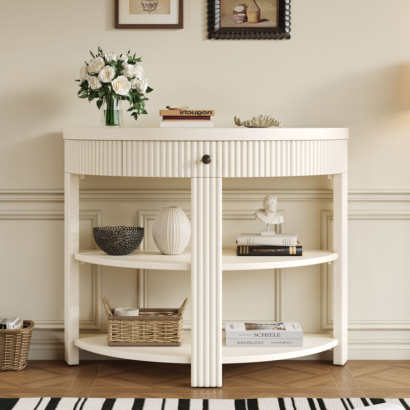 Whisen Half Moon Console Table, Fluted Wooden Entryway Table with Drawer & 2 Shelves, Solid Wood & MDF for Living Room Hallway image number 1