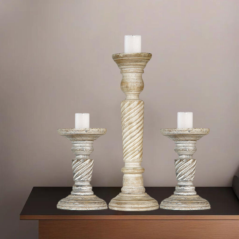 Traditional Antique White Eco-friendly Handmade Mango Wood Set Of Three 6",15" & 6" Pillar Candle Holder BBH Homes