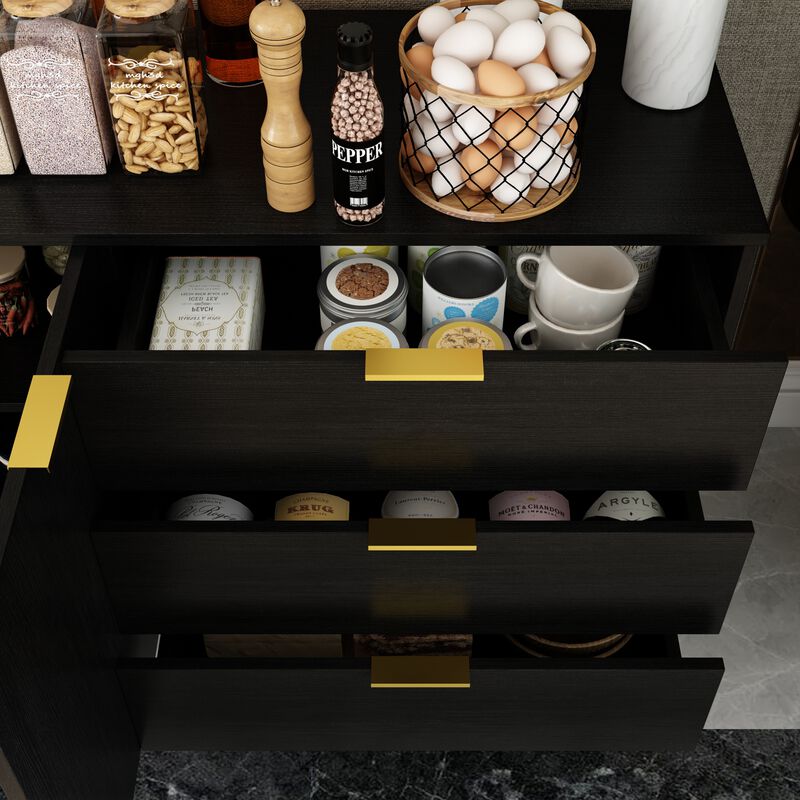 Sideboard Buffet Cabinet with 3 Drawers & 2 Doors for Kitchen, Entryway Cupboard with Gold Metal Legs, Black (62.9" L x 15.7" W x 27.5" H)