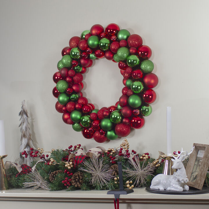 Red and Green 3-Finish Shatterproof Ball Christmas Wreath - 24-Inch  Unlit