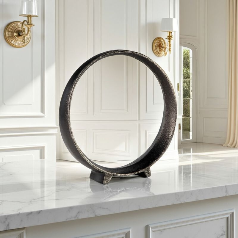 Dalie Sculpture, Round Metal Accent Tabletop Size, 12 Inch, Black - Benzara