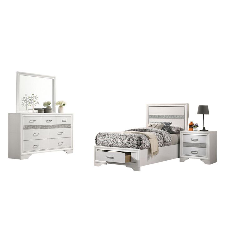 Vino 4pc Twin Bedroom Set, Storage Footboard, White, Glitter Stripes