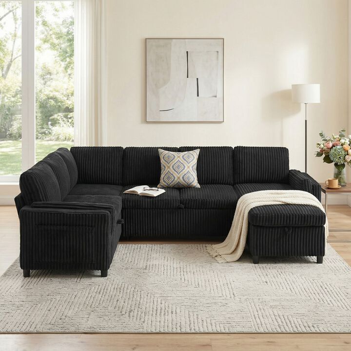 Zelkvo U‑Shaped Corduroy Convertible Sleeper Sectional Sofa