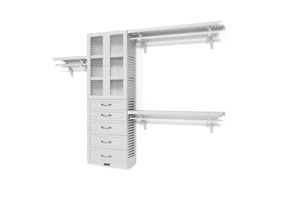 Solid Wood Reach-In Closet Organizer with 5 Shaker Style Drawers and Glass Doors
