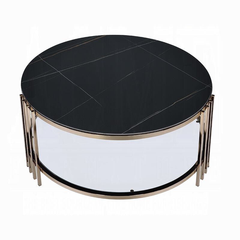 Abio Coffee Table, 35 Inch, Round Sintered Stone Top, Black and Gold