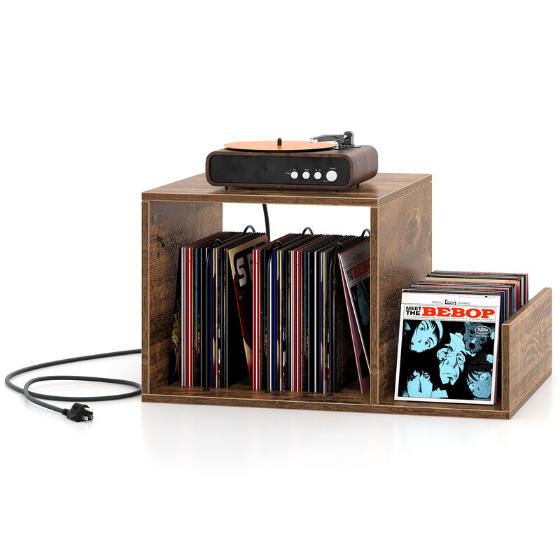 Mid-Century Record Player Stand with Power Outlet and Vinyl Storage Divider