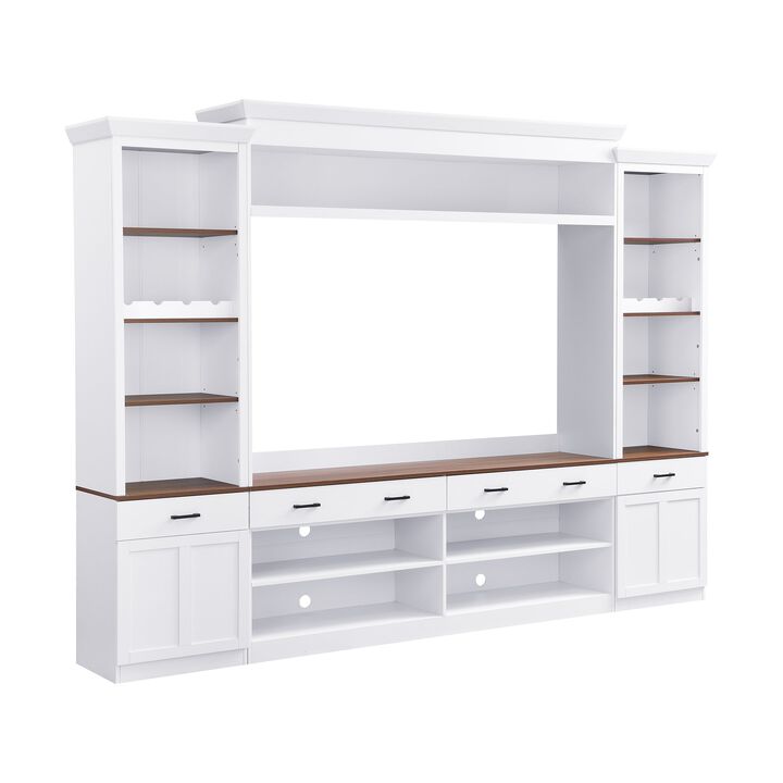 Clihome Farmhouse 4-Piece Entertainment Center TV Stand with Bookshelf and Wine Rack for Living Room
