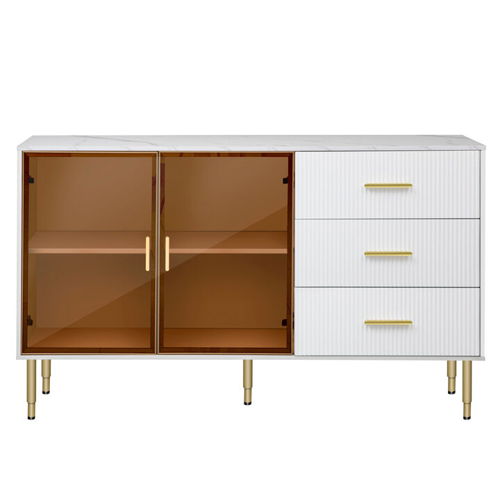 Modern Sideboard MDF Buffet Cabinet Marble Sticker Table Top and Amber-yellow Tempered Glass Doors with Gold Metal Legs & Handles (White)