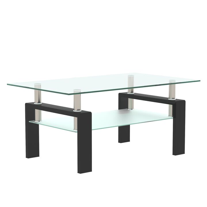 Hivvago Rectangular Double Layer Living Room Glass  Table with Metal Legs Glass
