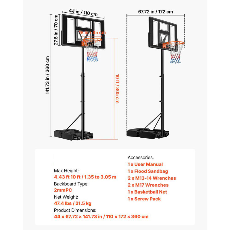 Portable Basketball Hoop with Adjustable Height, Rolling Base Goal System for Kids, Teens & Adults-Black image number 2