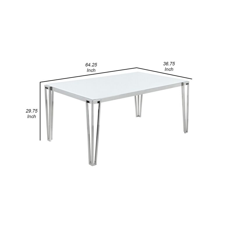 Dining Table with Glass Top and Metal Legs, White and Chrome-Benzara