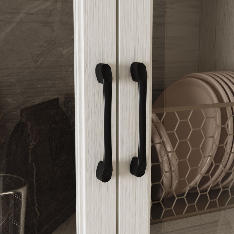 FUFU&GAGA Modern Kitchen Cabinet with 3 Glass Doors, 3 Drawers and Black Handles, (47.4 in. W x 15.7 in. D x 79.6 in. H), White