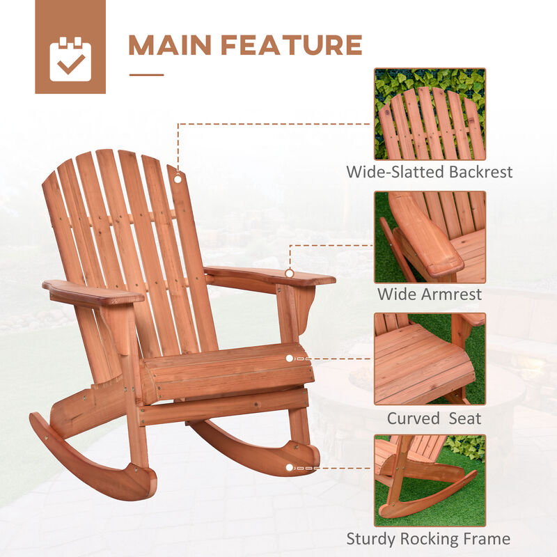 Outsunny Wooden Adirondack Rocking Chair Outdoor Lounge Chair Fire Pit Seating with Slatted Wooden Design, Fanned Back, & Classic Rustic Style for Patio, Backyard, Garden, Lawn, Teak