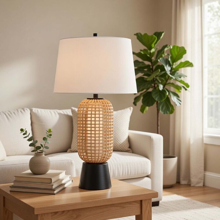 Table Lamp with LED Light, White Shade, Modern Brown Wicker, 30 Inch