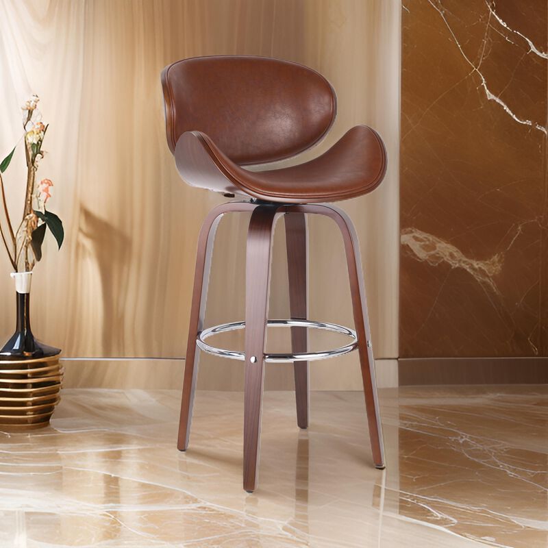 Zaine Swivel Barstool Chair, Walnut Veneer, Brown Faux Leather - Benzara