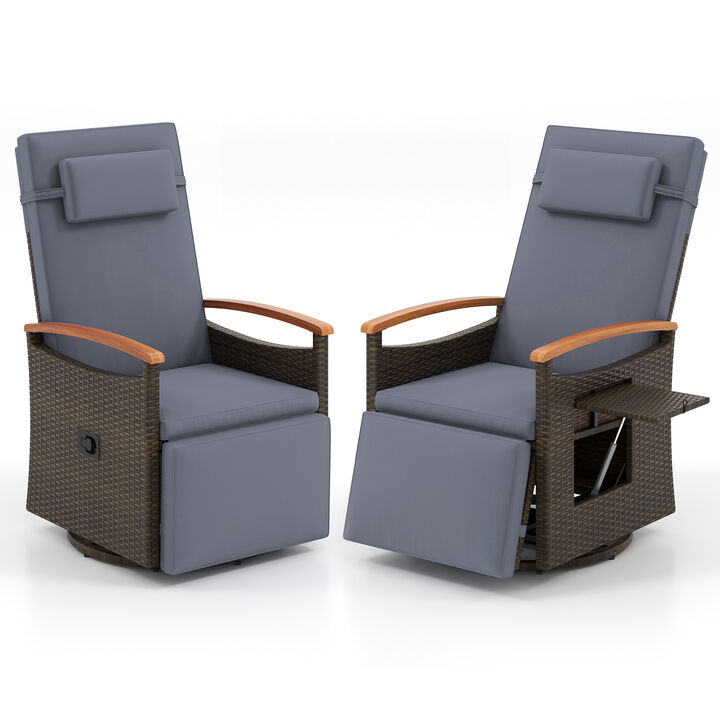 Outdoor Rattan Swivel Recliner Chair Set of 2 with Adjustable Backrest and Footrest