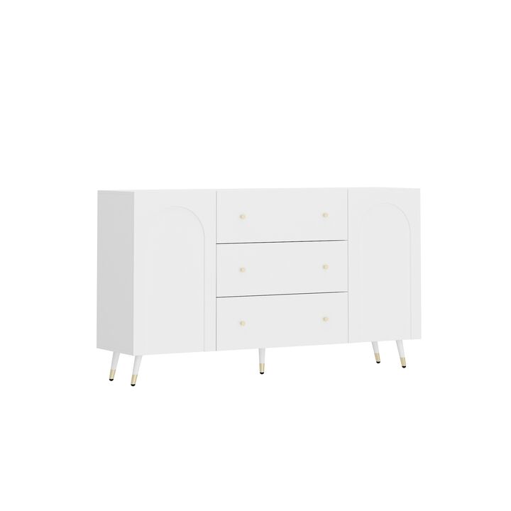 FUFU&GAGA Modern White Sideboard with Two Doors and Three Drawers, Gold Tapered Handles, and Storage Shelf (63" W x 15.7" D x 35.4" H), White