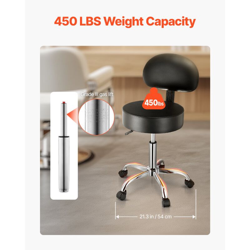 Round Rolling Stool with Wheels and Back Support, Adjustable Salon Chair for Massage & Tattoo-Black image number 4