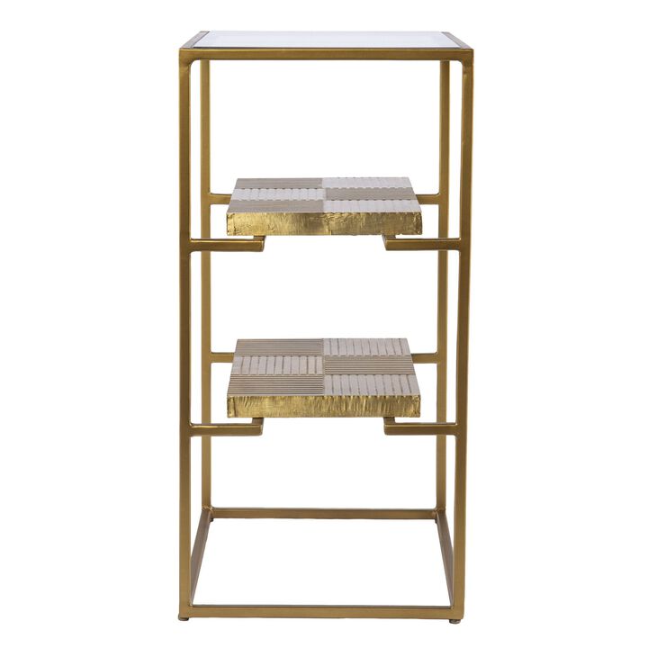 Homezia 24" Brass Glass And Iron Rectangular End Table With Two Shelves