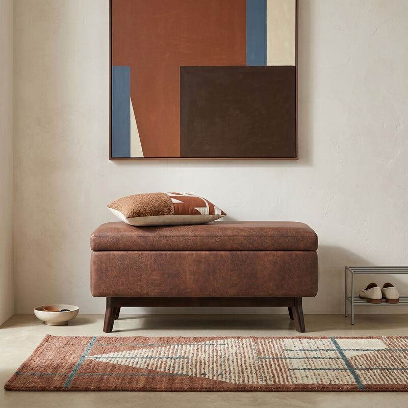 Owen Small Rectangular Storage Ottoman in Distressed Saddle Brown Faux Air Leather image number 1