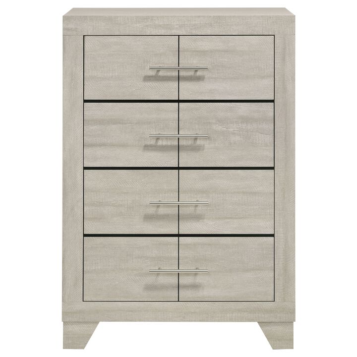 Qanto Tall Dresser Chest, 4 Drawers, Nickel Metal, Rustic Cream Wood