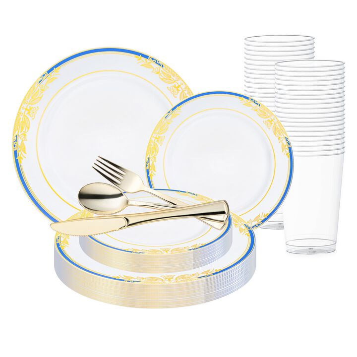 White with Blue and Gold Harmony Rim Plastic Wedding Value Set (30 Sets)