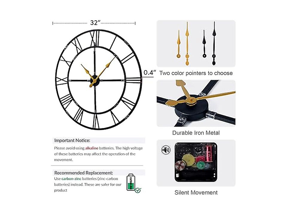 32 Inch Large Wall Clock Living Decor Easy Assembly KD Silent Non Ticking Modern