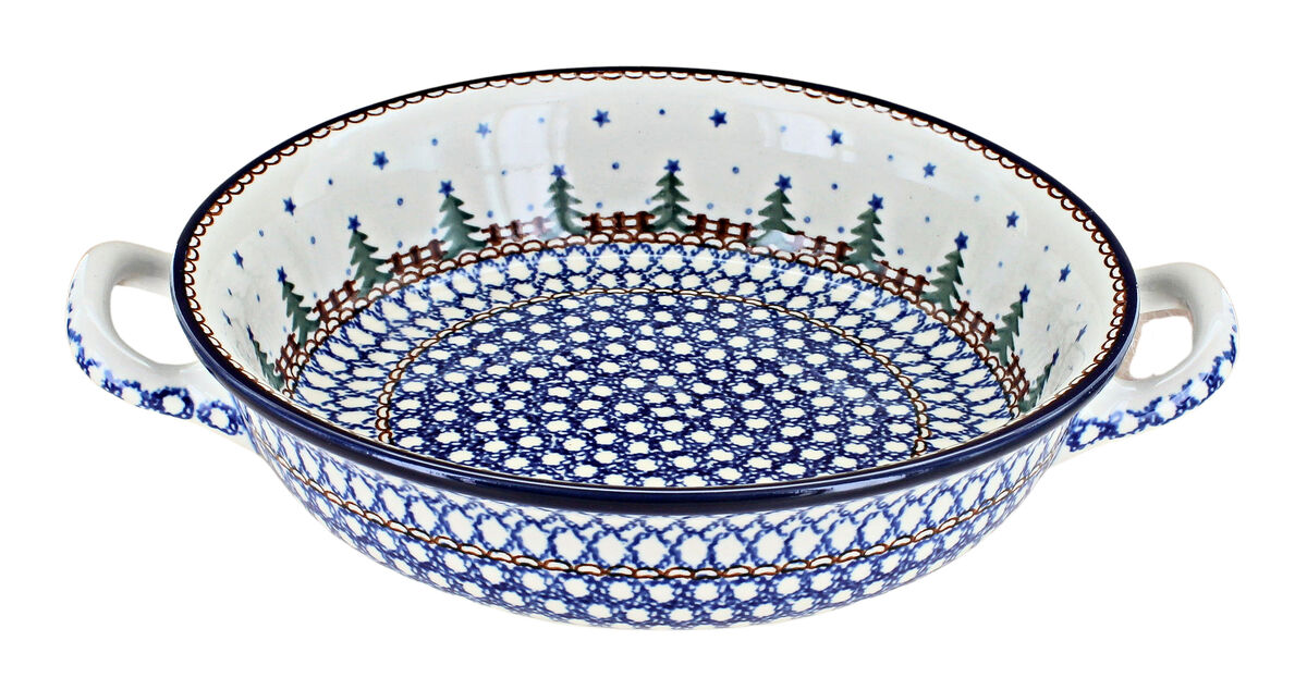 Blue Rose Polish Pottery Peacock Swirl Small Round Casserole with Handles
