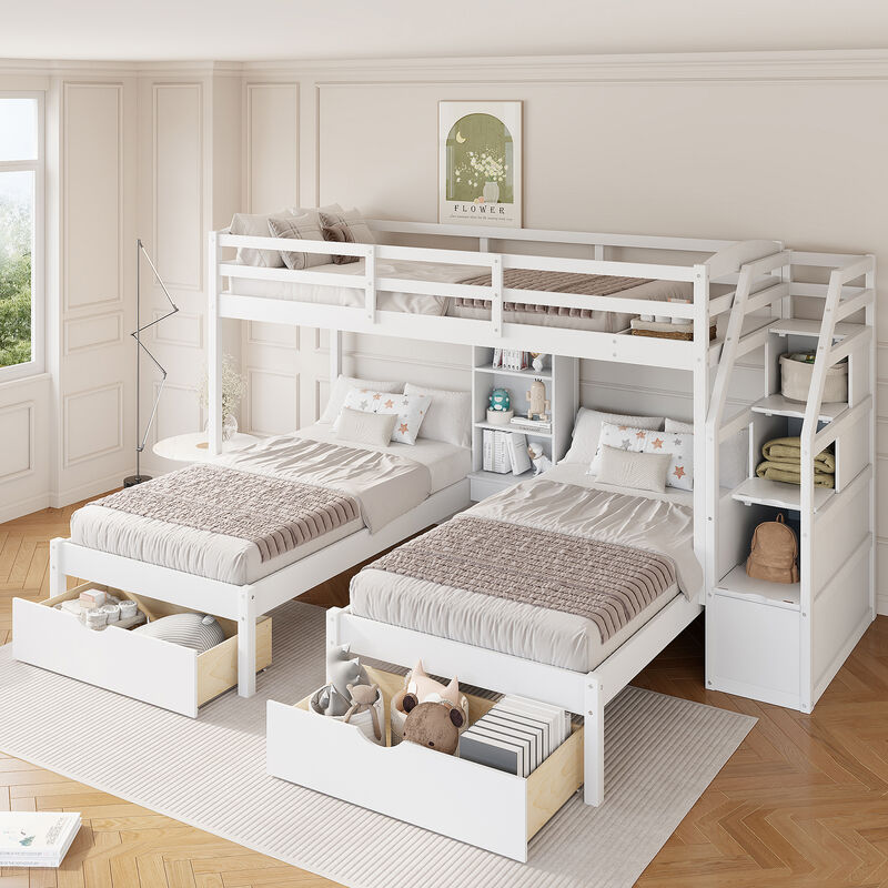 Whisen Twin over Twin Bunk Bed with Drawers, Slide & Shelves, Solid Pine for Kids Bedroom image number 2