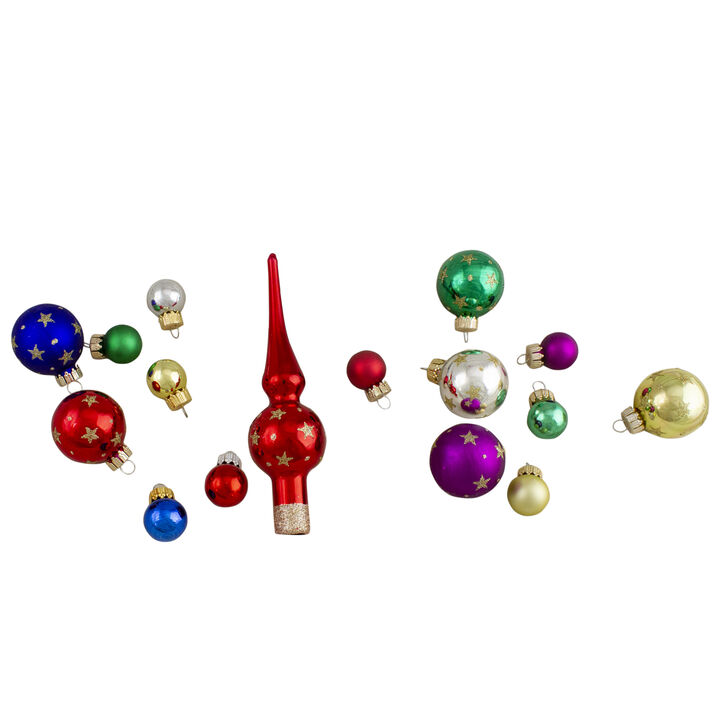 16-Piece Set of Assorted Multi-Color Glass Ball Christmas Ornaments with Tree Topper