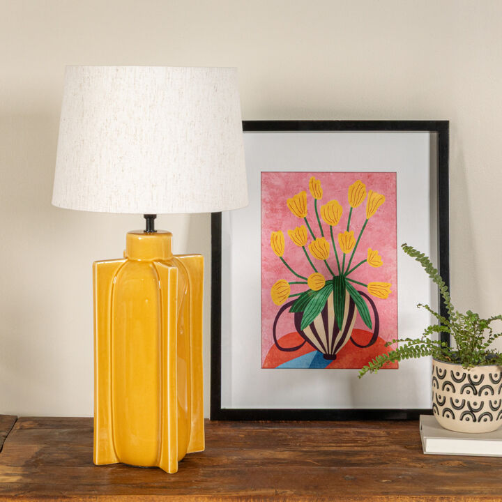 Yellow Ceramic Table Lamp with Crossed Base and Linen Shade